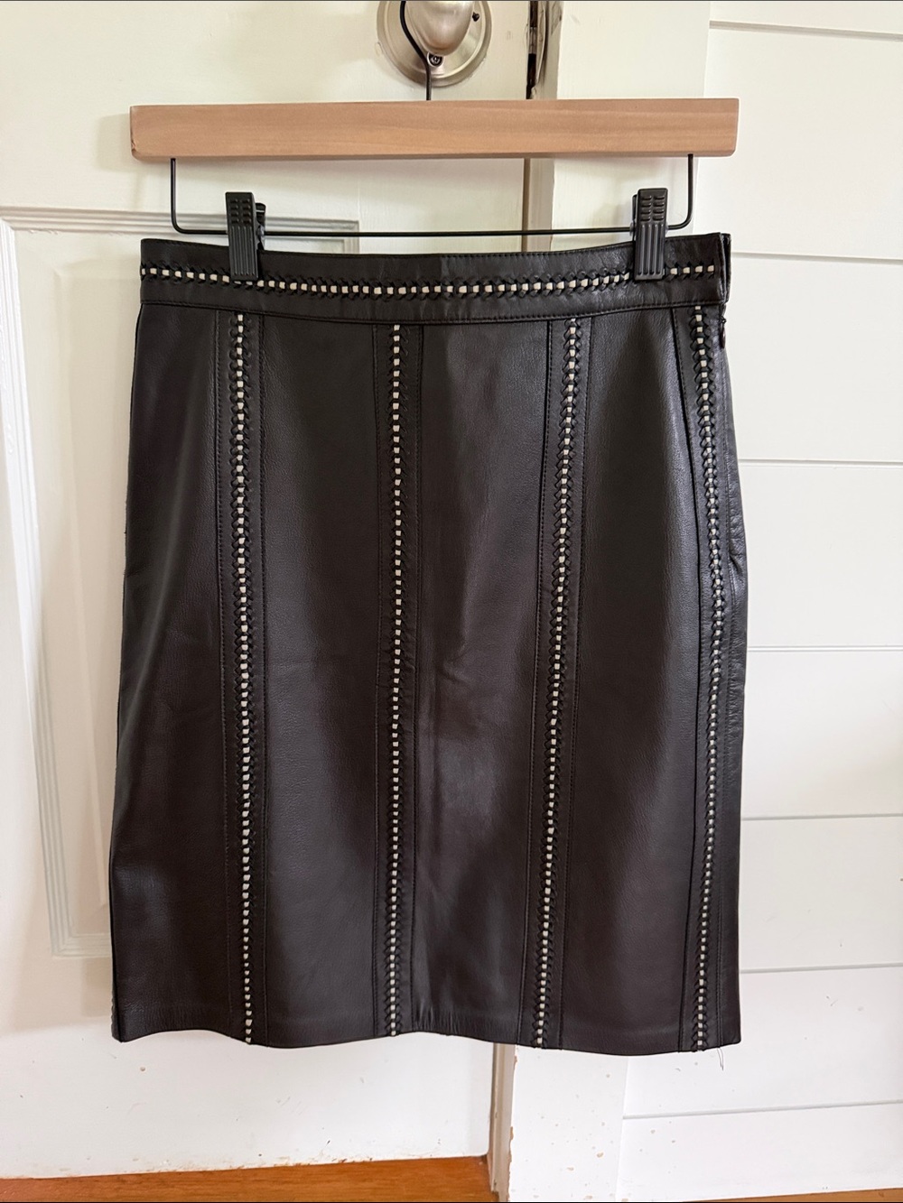 DKNY Black Faux Leather Pencil Skirt with Stud Detailing